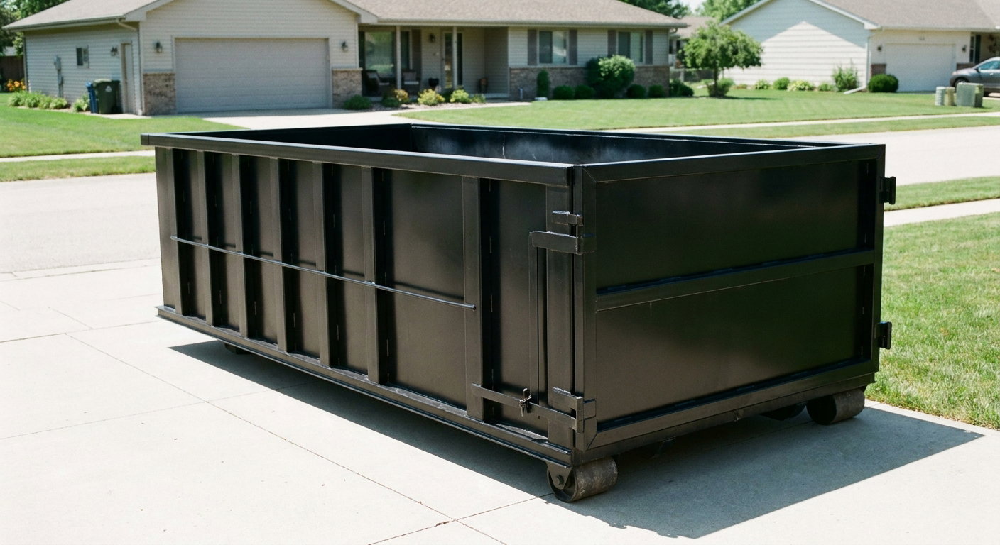 Matte-black 10-yard roll-off dumpster on a residential concrete driveway in Tamarac, uniformly painted matte black across every panel and rail, ribbed steel sidewalls and rear swing door visible, mid-day daylight.