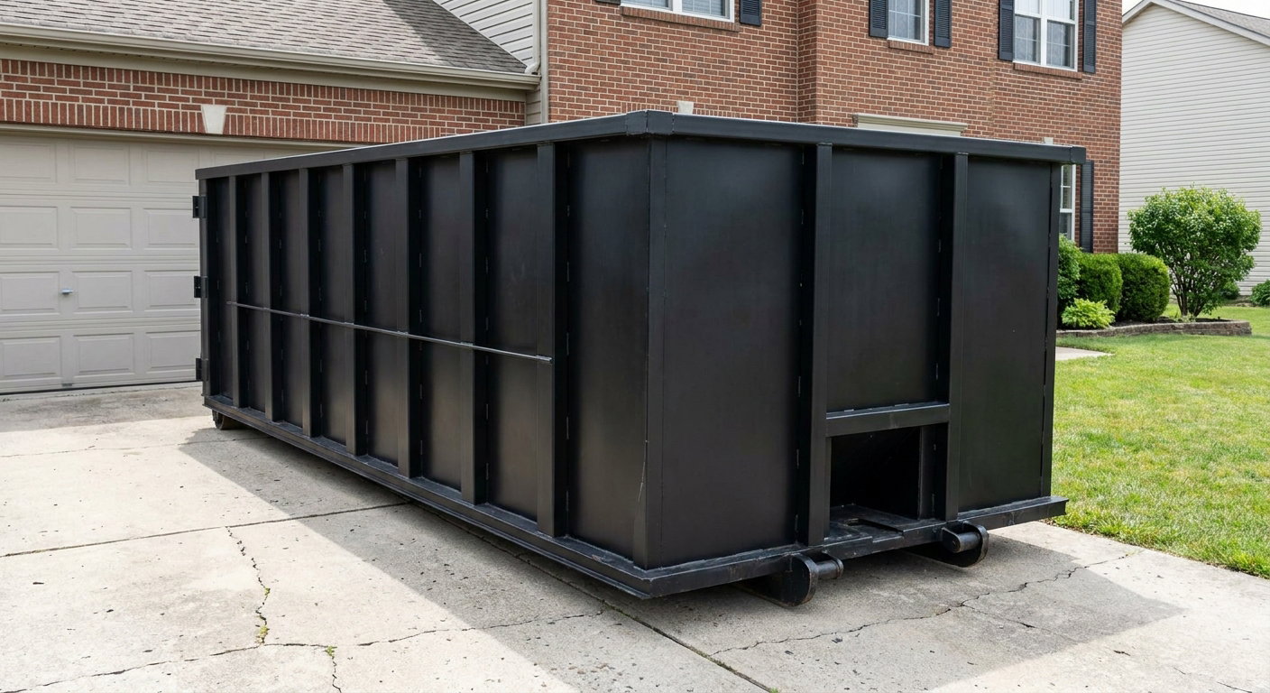 Matte-black 20-yard roll-off container on a Tamarac residential concrete driveway with reinforced ribbed steel sidewalls and a hinged rear walk-in door, clean bright daylight.