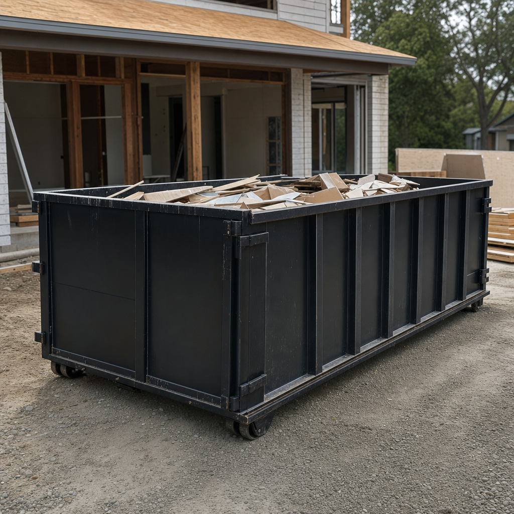 Large matte-black 30-yard construction roll-off dumpster at an active Tamarac jobsite, steel-gray top rails and bottom rollers visible, loaded with construction debris.