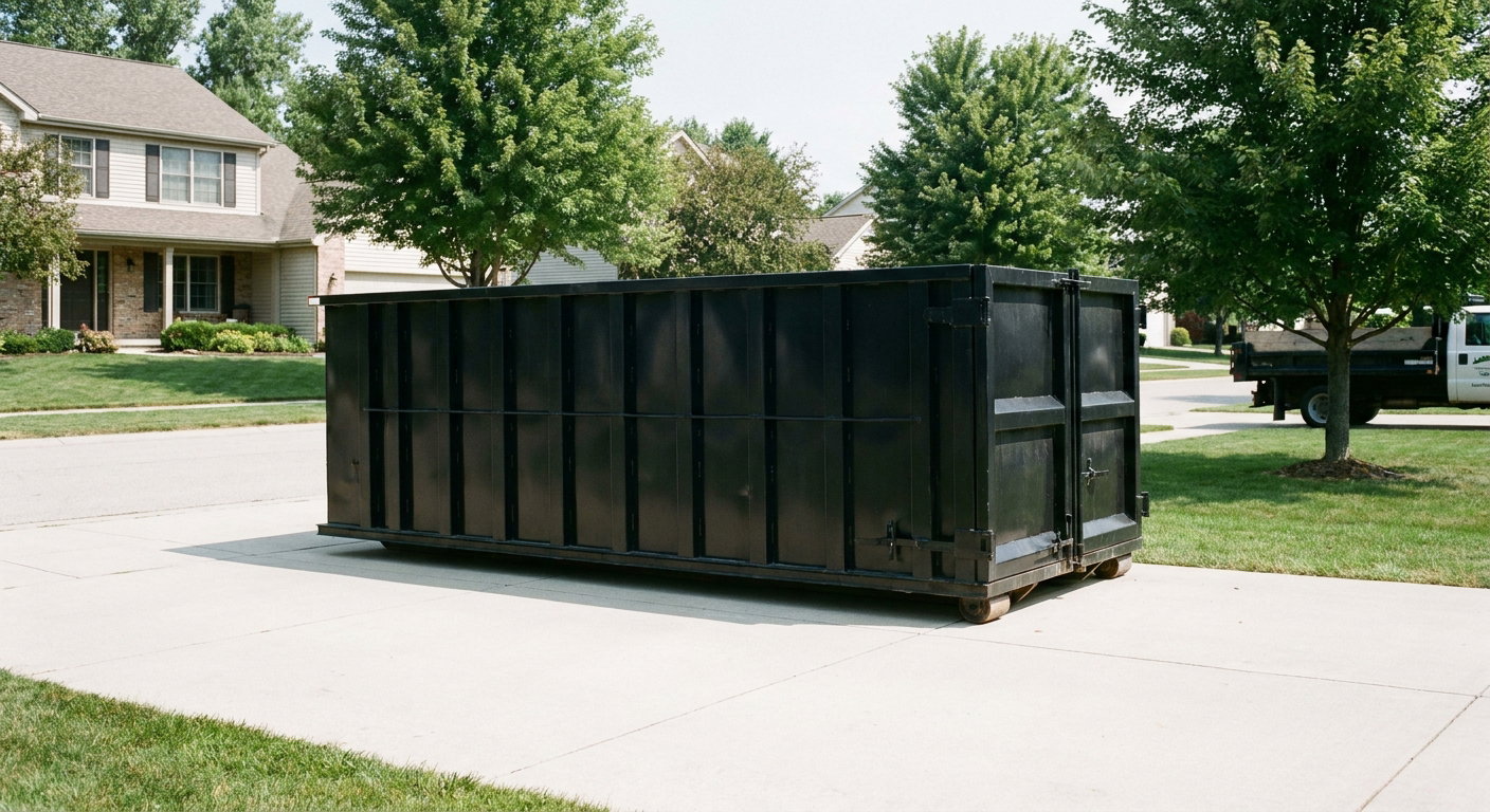 Matte-black 20-yard roll-off dumpster sitting level on a clean Tamarac residential concrete driveway under bright daylight, demonstrating clean placement directly on the concrete.