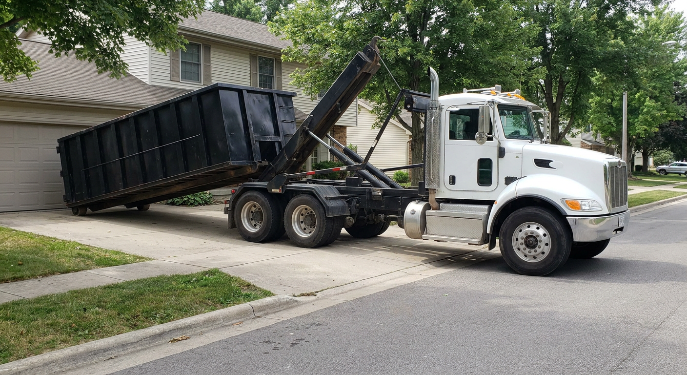 White-cab hooklift roll-off truck actively lowering a matte-black dumpster onto a Tamarac residential concrete driveway, the dumpster's rear wheels touching the driveway as the hoist arm tilts the bed forward, mid-morning daylight.