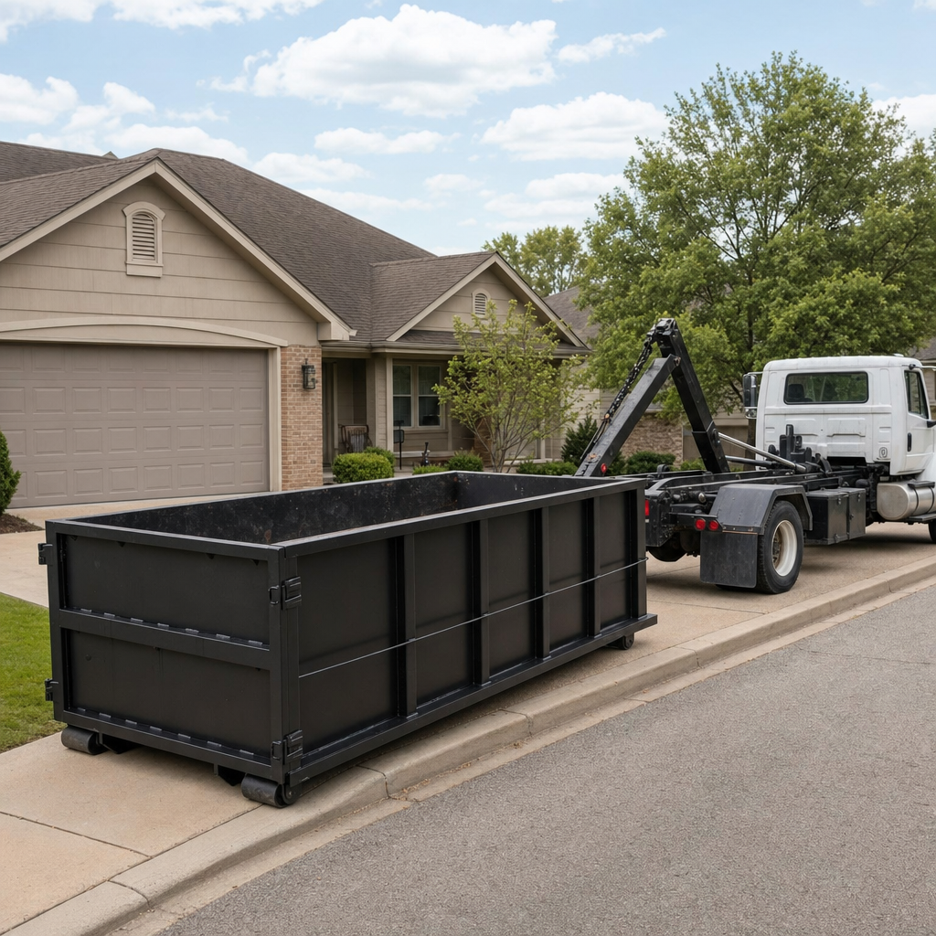 Wide documentary shot of a matte-black roll-off dumpster on a Tamarac residential driveway in the foreground and a contractor jobsite container in the soft-focus background, bright daylight, calm and orderly composition.