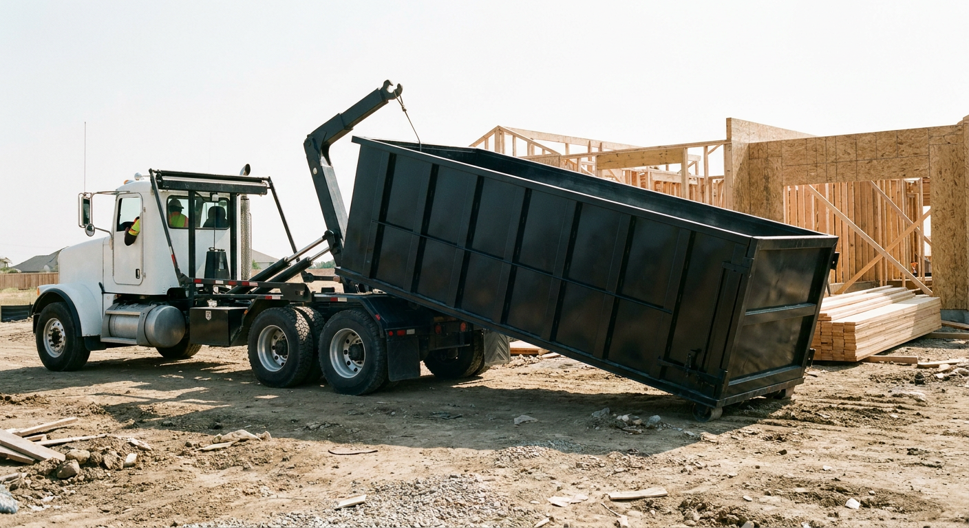 Matte-black roll-off dumpster being delivered onto a clean residential concrete driveway in Tamarac by an unmarked white hooklift hauler truck, bright morning daylight, documentary 35mm perspective.